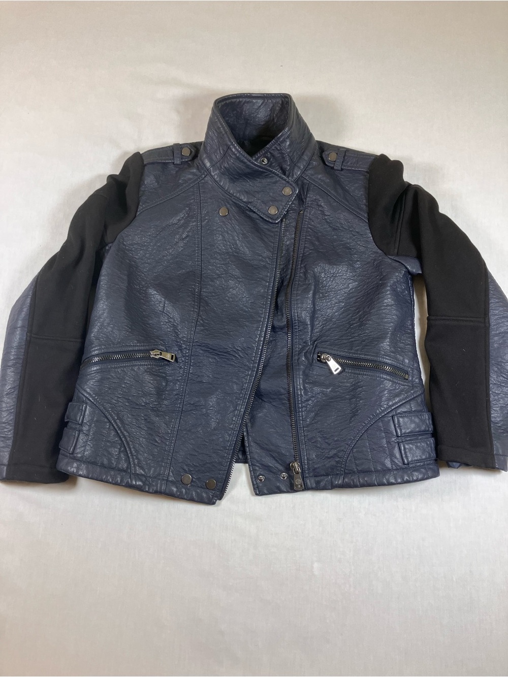 Bernardo Navy Faux Leather Moto Jacket with Black Knit Sleeves